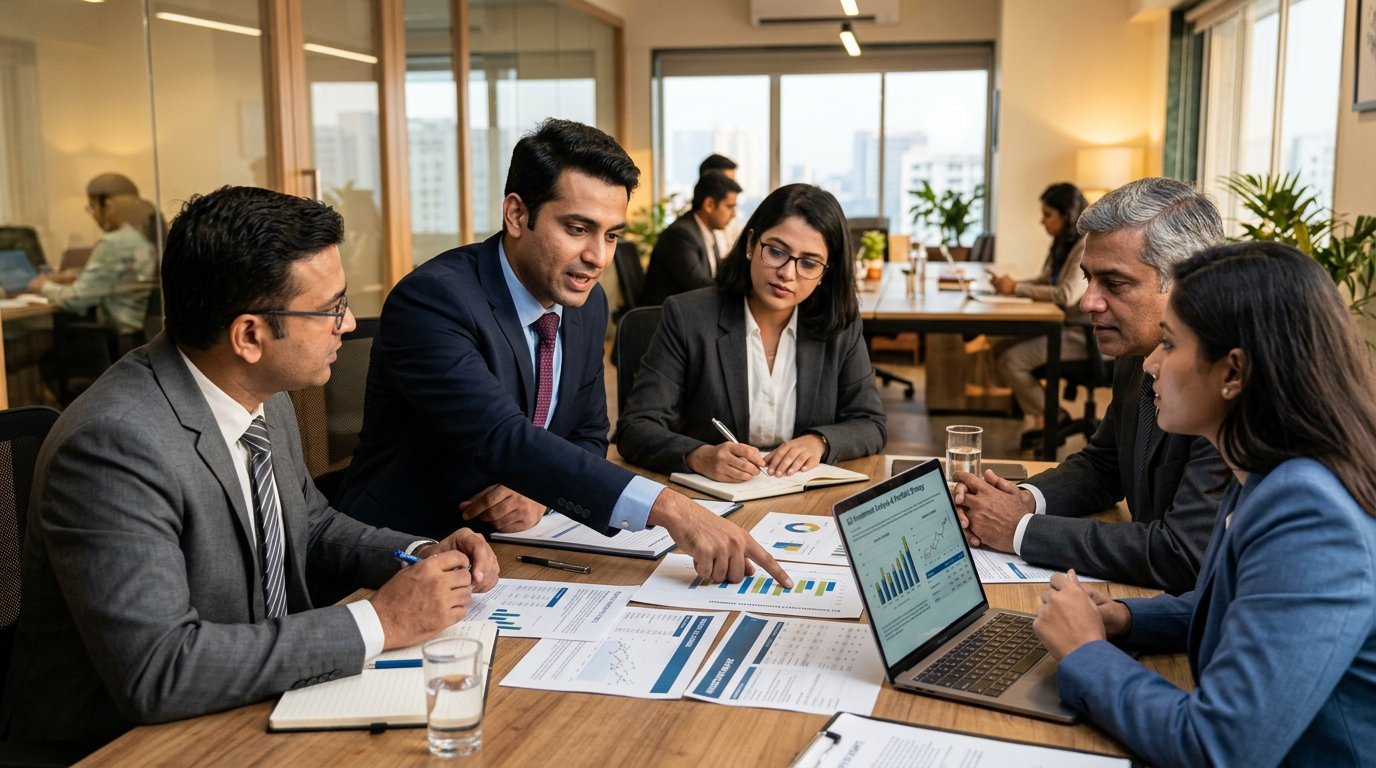 Professionals discussing funding documents