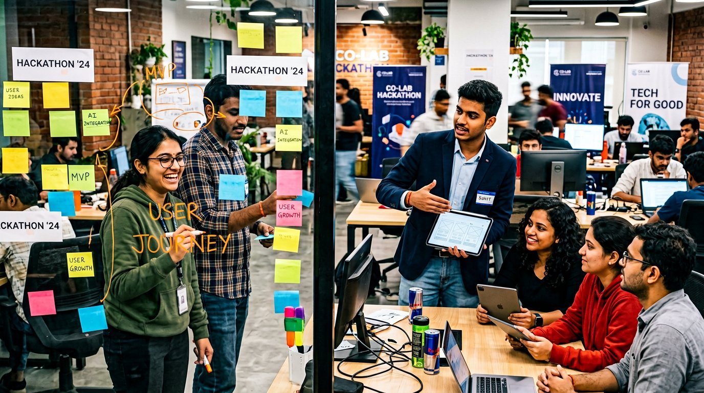 Hackathon team presenting ideas on a glass board